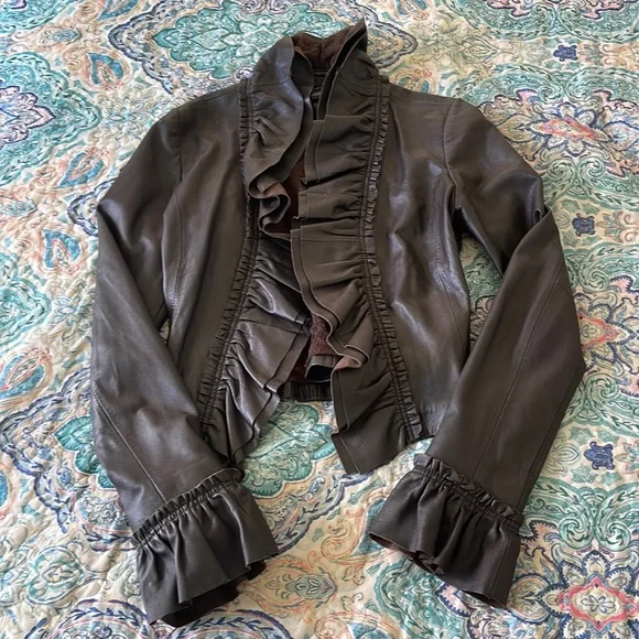 Arden B Brown Ruffled Leather Jacket - Picture 1 of 4